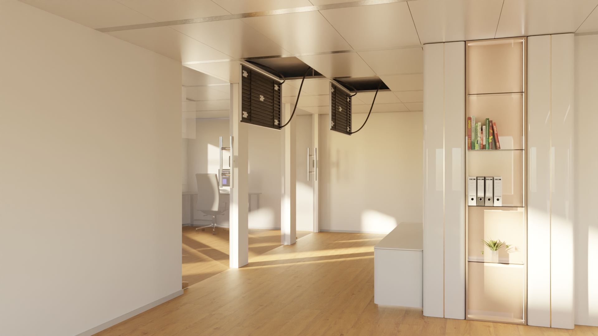 Ceiling system: Metal cassettes with strip grid system