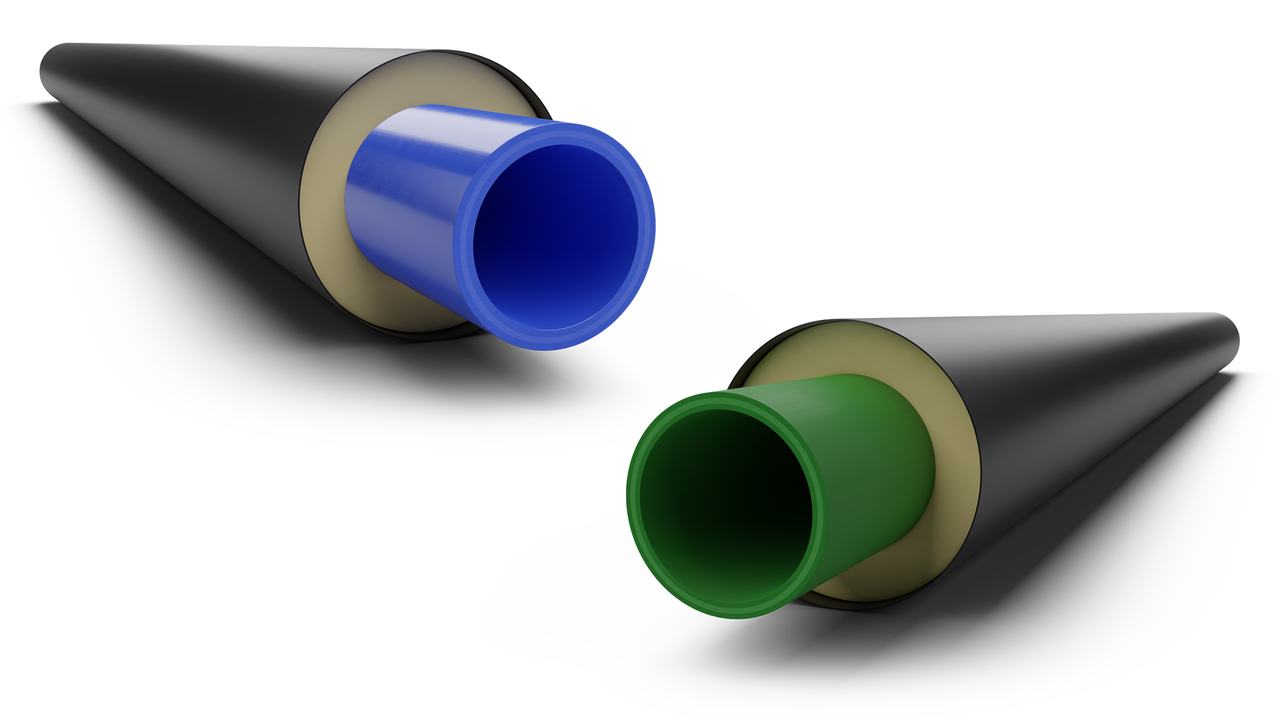 CGI Bild. Vorisoliertes PP-Rohrsystem. aquatherm blue. aquatherm green. Faserverbundrohr weißer Hintergrund